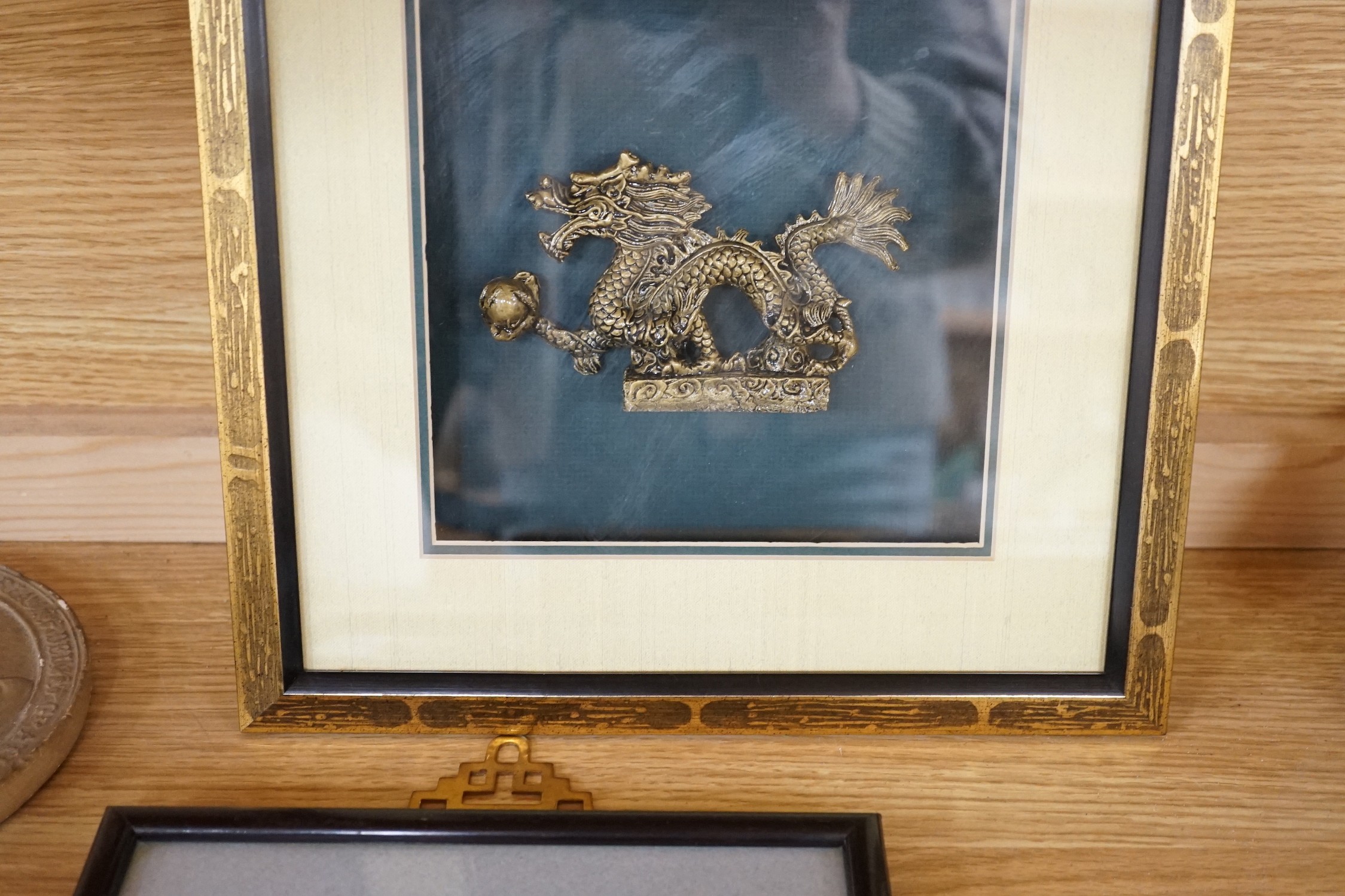 Three framed and mounted Chinese inside-painted snuff bottles and four other items